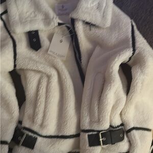 Cream Faux Shearling Jacket with Black Trim